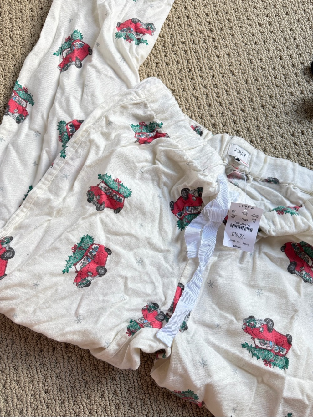 J. Crew White Pajama Bottoms with Red Truck and Green Tree Print
